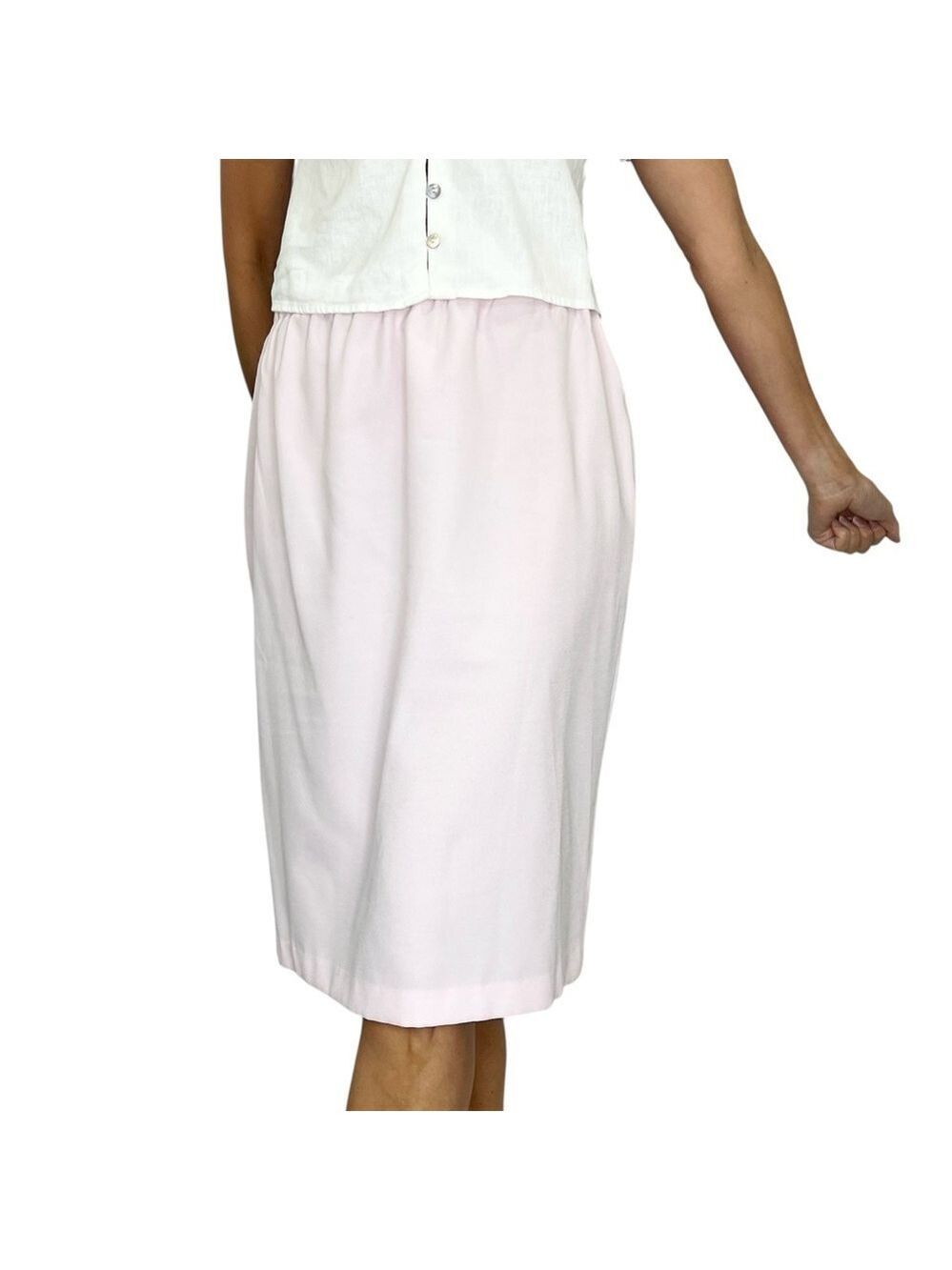 Vintage pale pastel pink gathered pull on straight knee length midi skirt